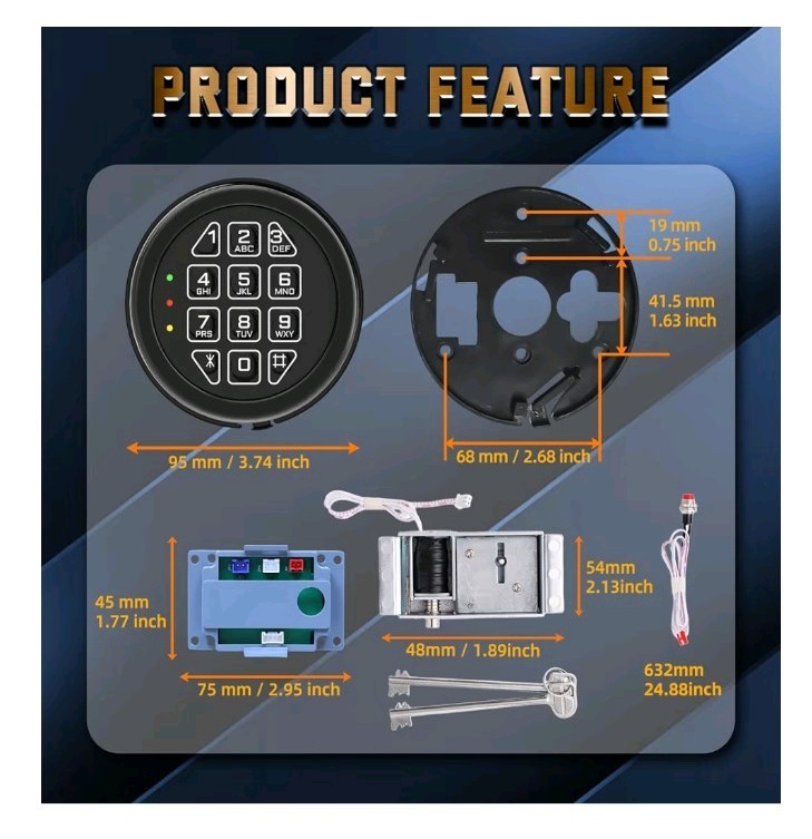 Electronic Safe Lock Replacement Keypad with Solenoid Lock & 2 Override Keys