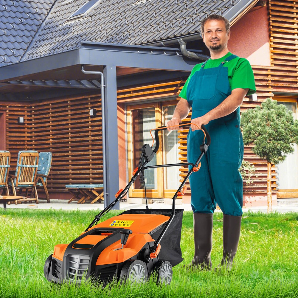 16-Inch Folding Electric Dethatcher & Scarifier w/ 3-Position Height Adjustment