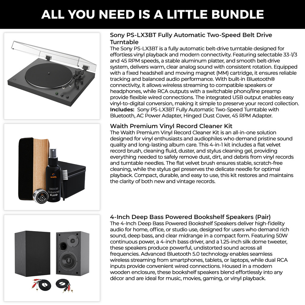 Sony PS-LX3BT Fully Automatic Turntable, Bookshelf Speaker, Cleaner Kit - Bundle