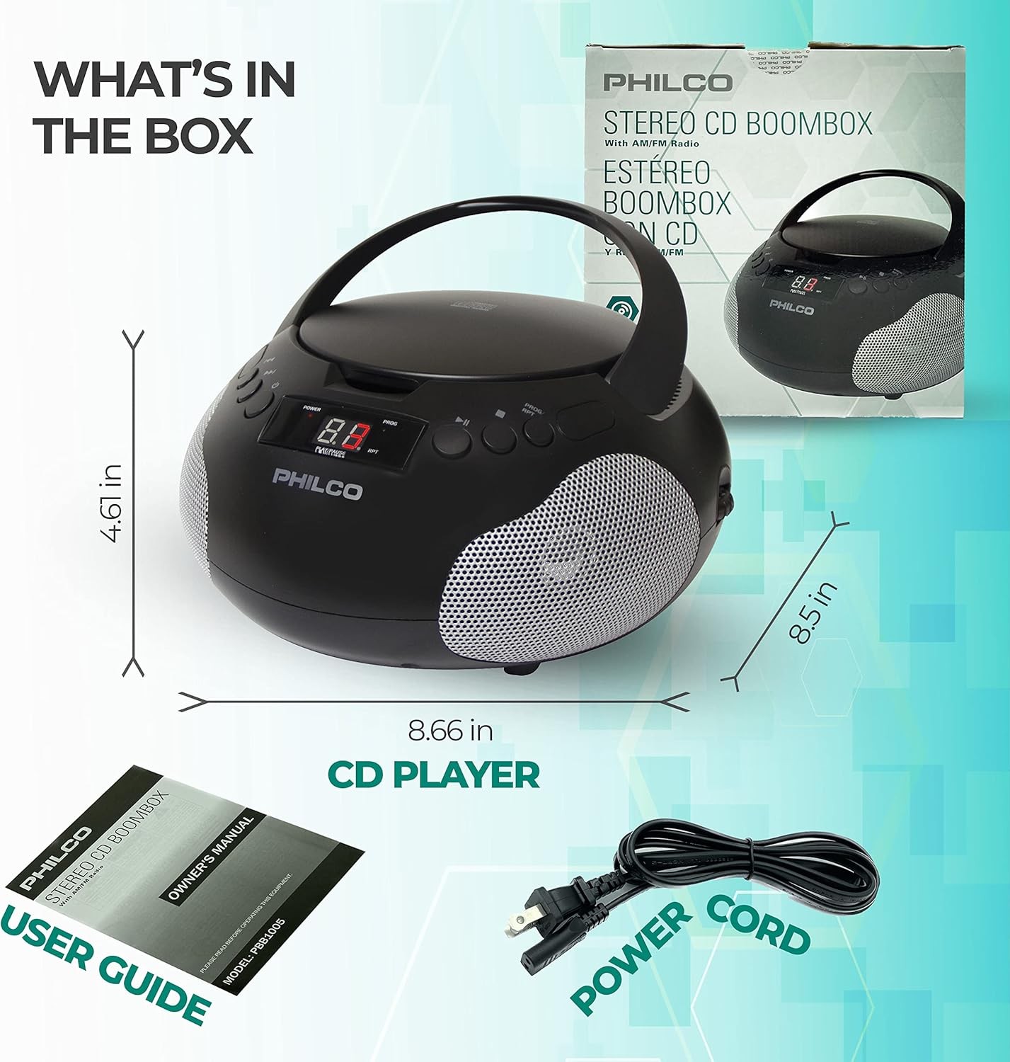 Philco Portable CD Player Boombox with Speakers, Radio, CD, 3.5mm Aux, LED