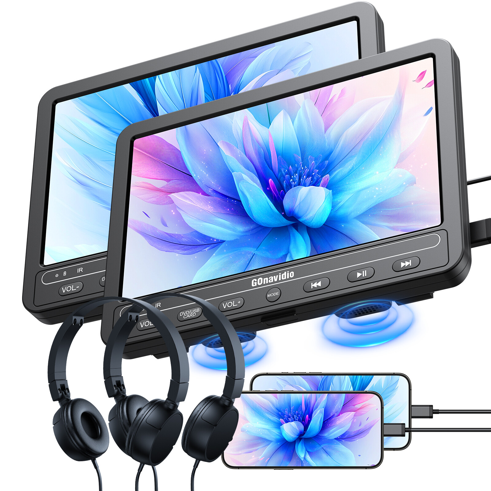 2x10.5" Car Headrest Monitor TV Dual DVD Player USB SD With Headset Rechargeable