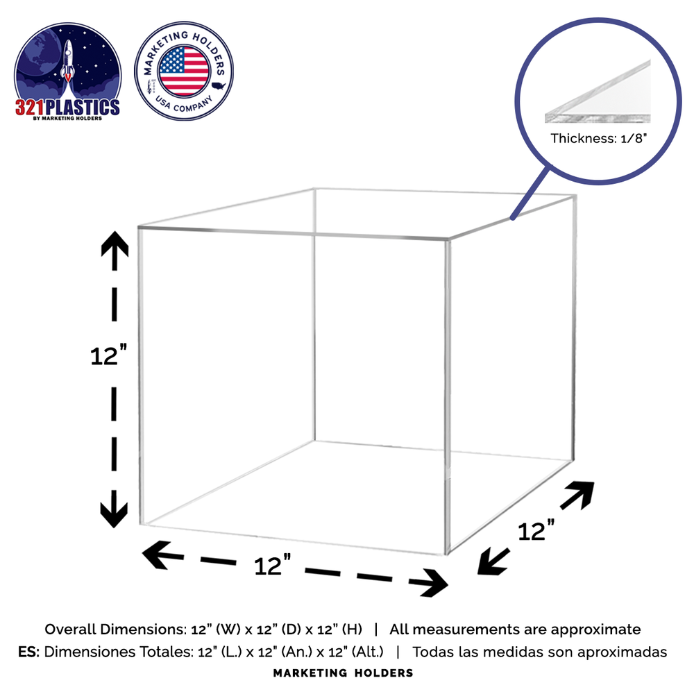 12" Clear Display Box Riser Acrylic Retail with One Open Side Square