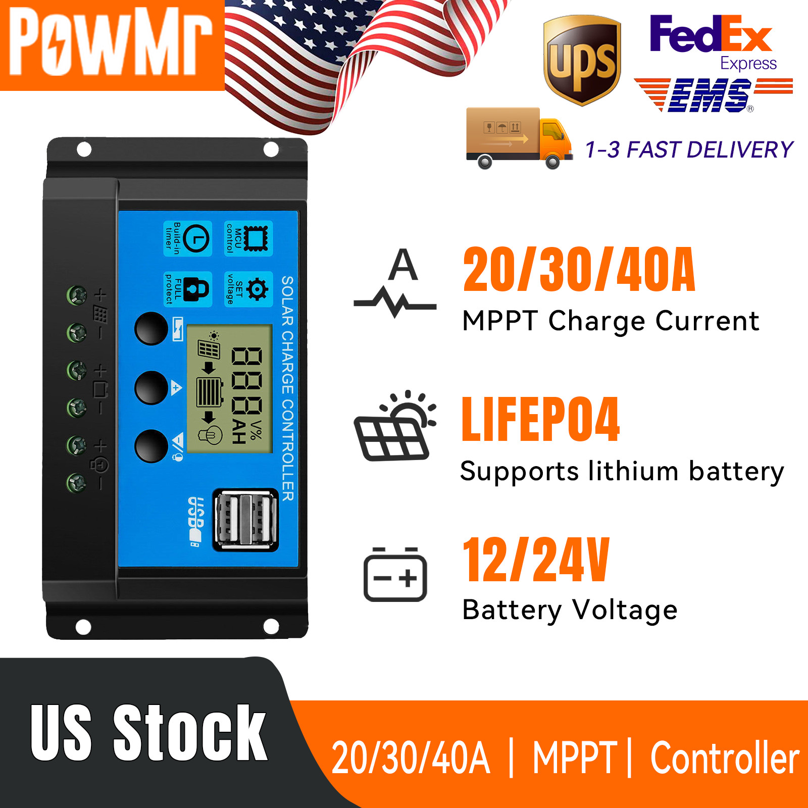 30A Solar Panel Battery Charge Controller 12V/24V LCD Regulator Auto Dual USB US