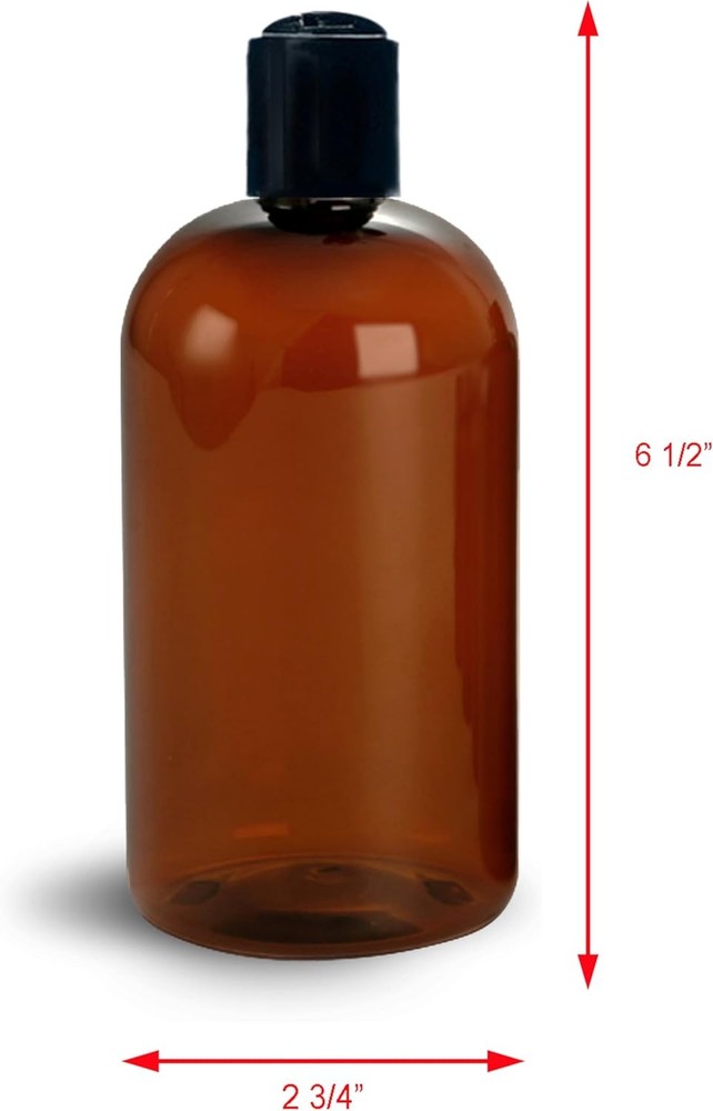 16 oz Amber Plastic Empty Bottles W/ Black Disc Top Caps Refillable Containers