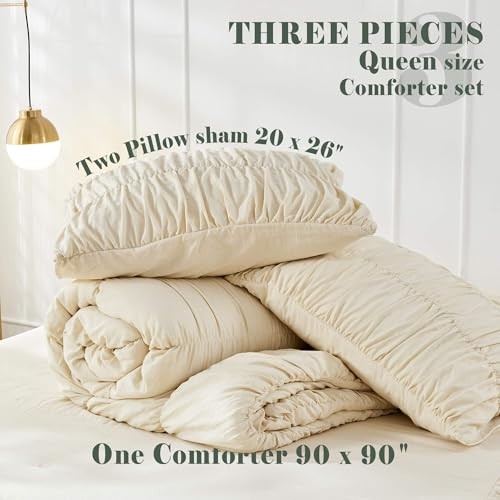 Comforter Set - Ruched Comforter Size Bed Set Boho Shabby Chic Queen Wheat