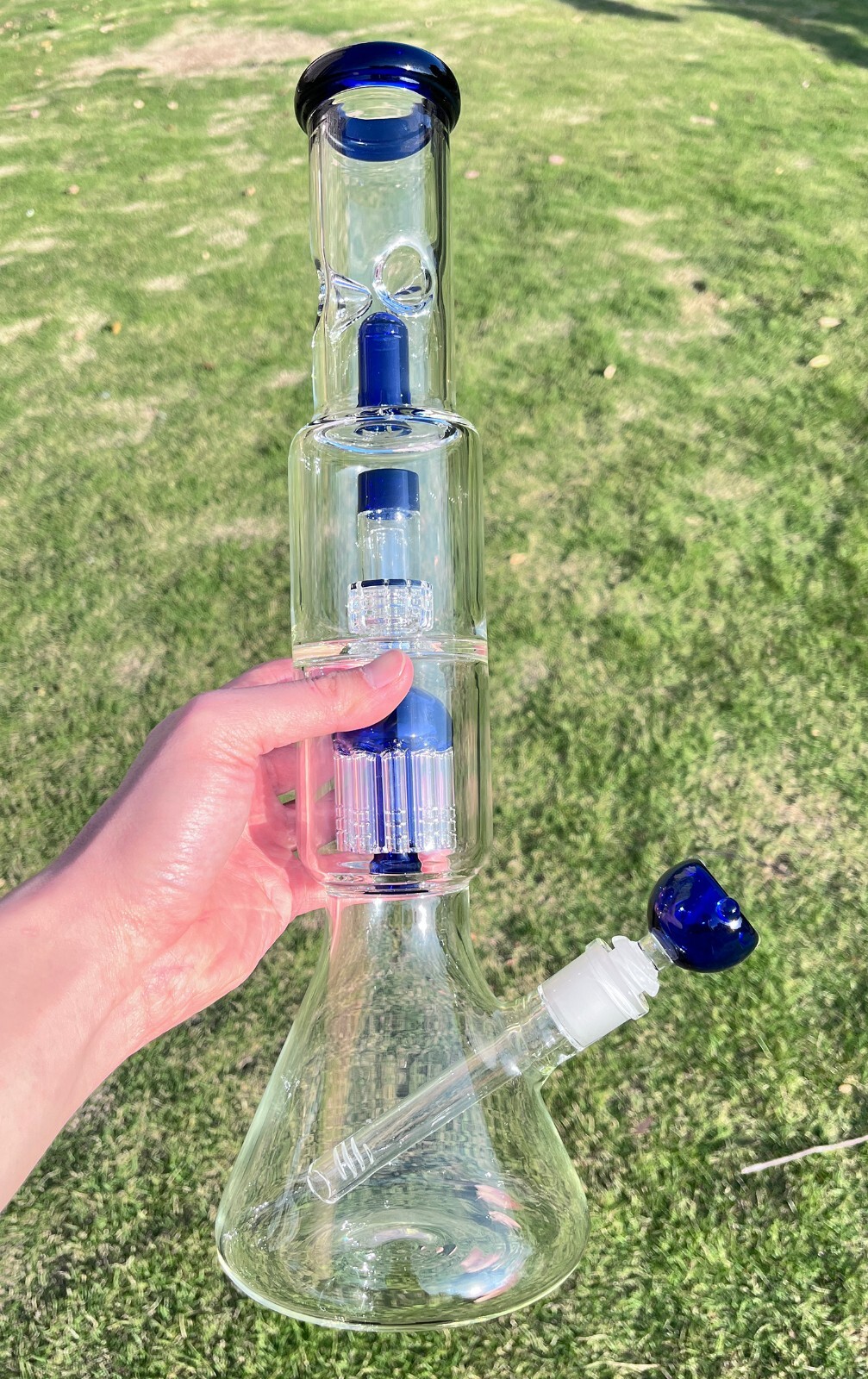 16'' Heavy Glass Bong Percolator Water Pipe Smoking Hookah 14mm Bowl Blue