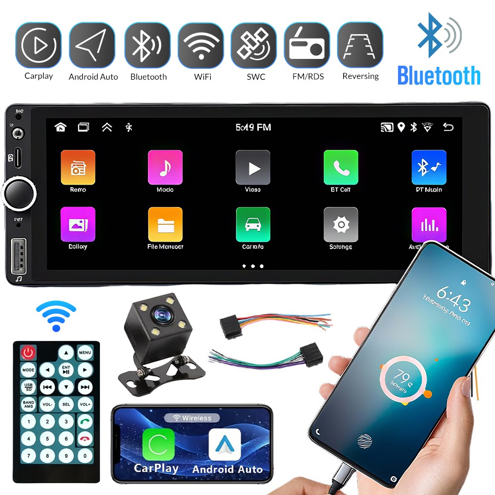 Single 1 Din Car Stereo Wireless CarPlay 6.8" Touchscreen Bluetooth Radio FM USB