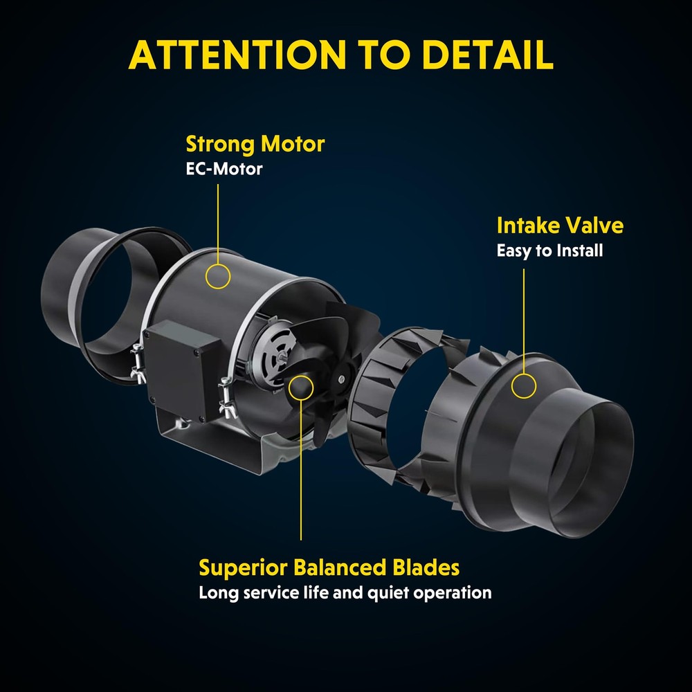 4" Inline Duct Fan, 10-Speed Control, 214 CFM for Efficient Ventilation Exhaust