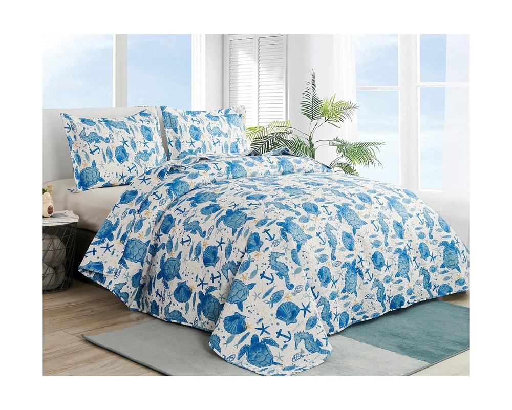 Ocean Quilt Sets King Size Summer Bedspread Beach Bedding Set Light... Fast Ship