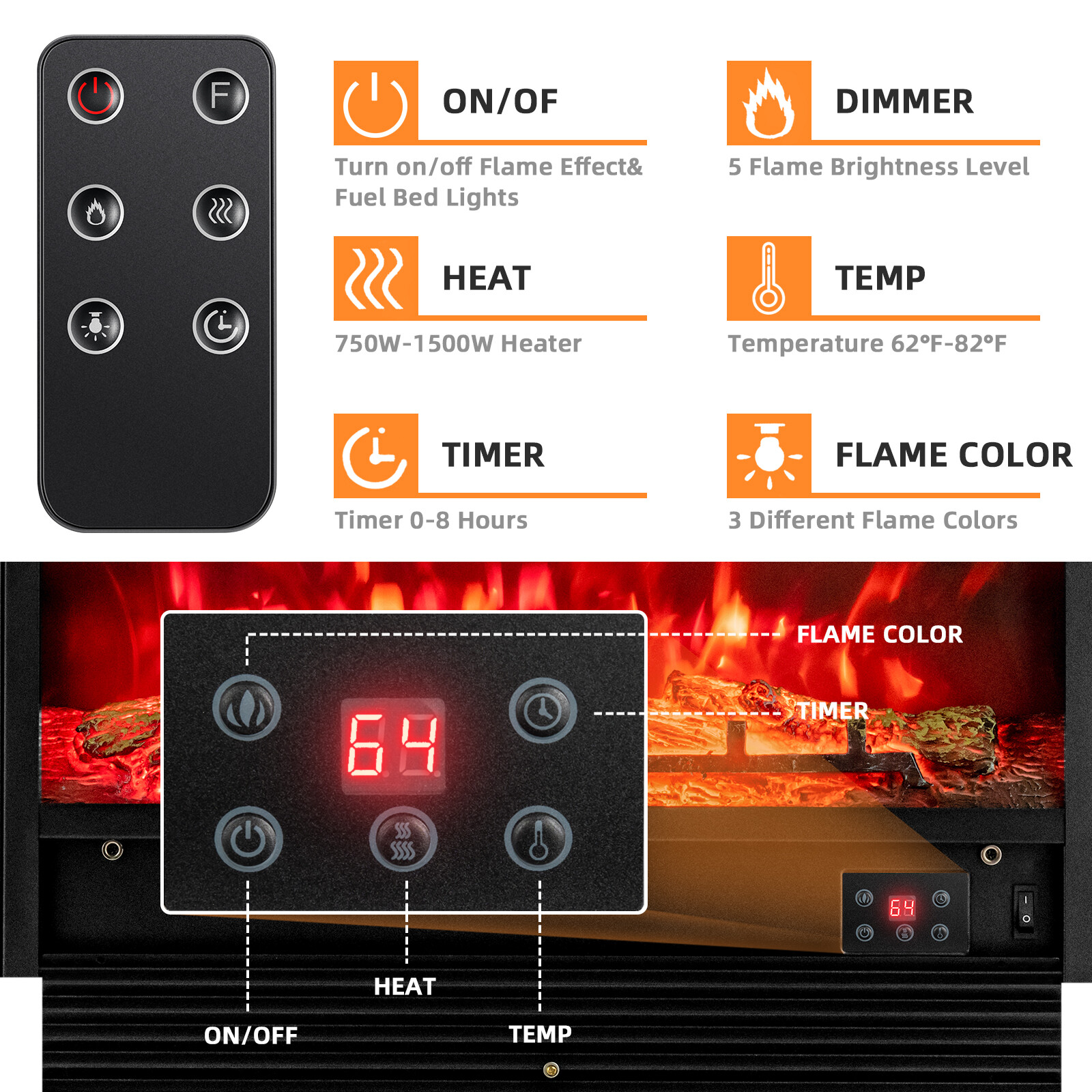 28.5" Fireplace Electric Embedded Insert Heater Glass Log Flame Remote