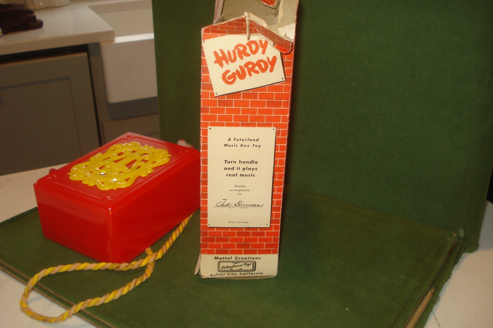 Vintage 1950's Hurdy Gurdy w/ Dancing Monkey Music Box Toy & Box Mattel, WORKS