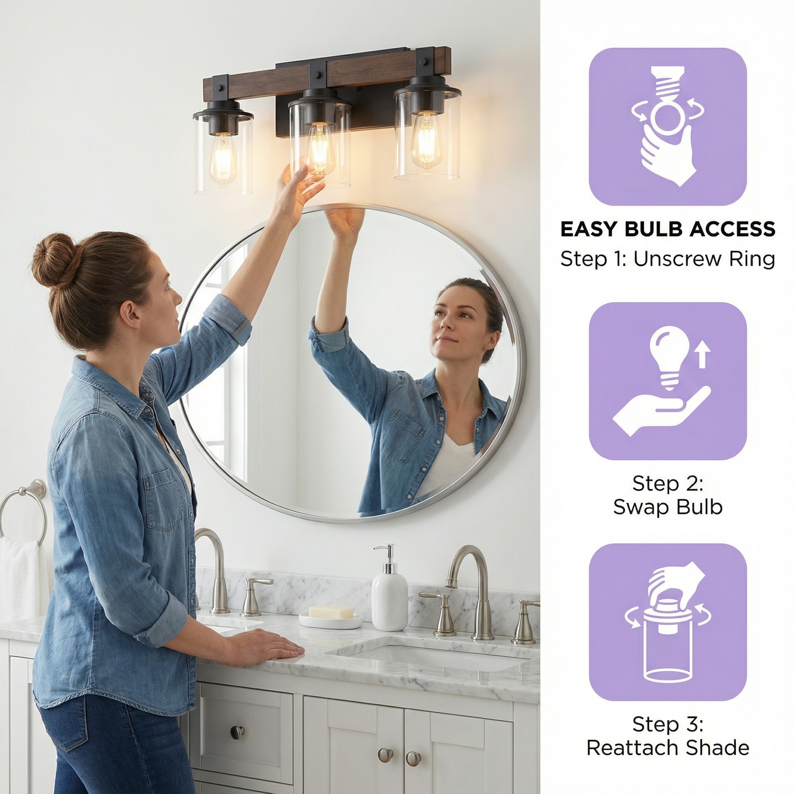 19" Vintage Vanity Light Bathroom Mirror Wall Lamp 3 Lights Rustic Wood Fixture