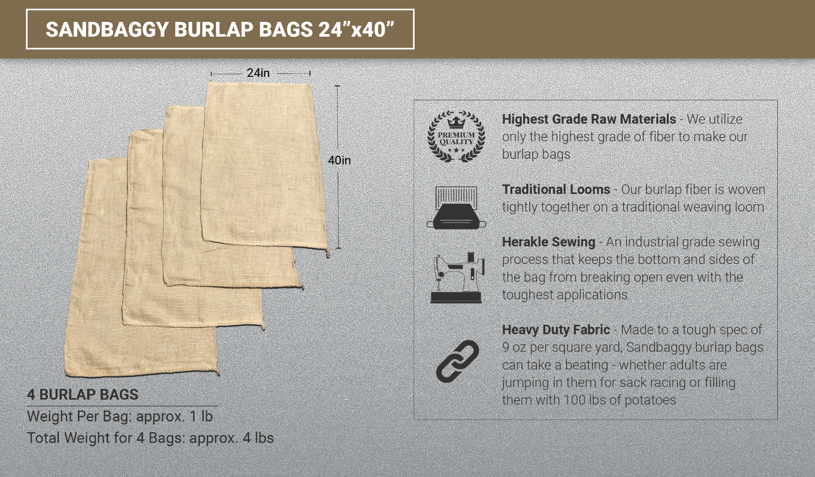 Set of 4 Burlap Sacks 24x40--Burlap Bags, Potato Sack Race Bags, Gunny Sack