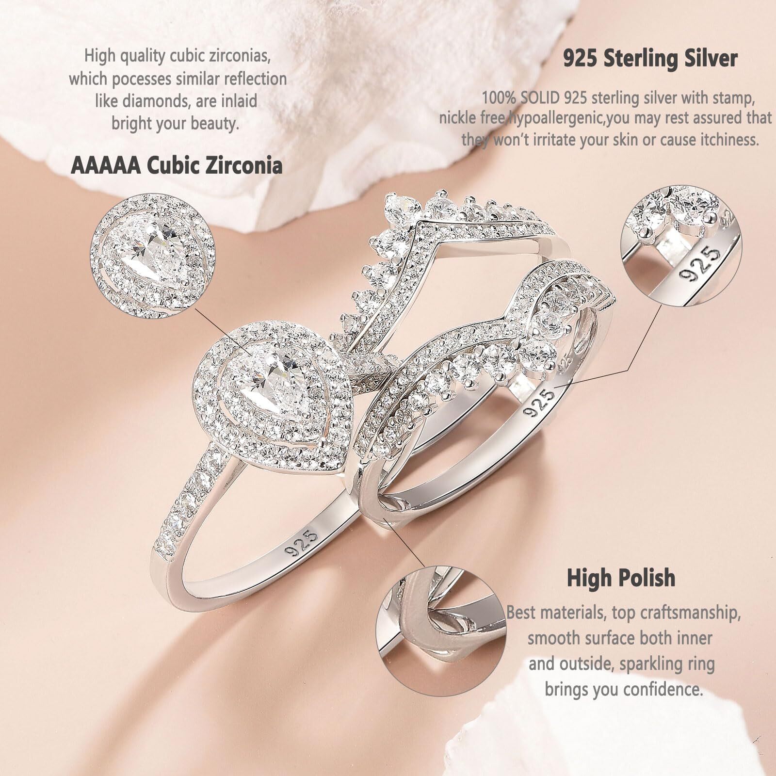 Newshe Sparkling 2CT Wedding Engagement Ring for Women Crown Solid Silver 5A CZ