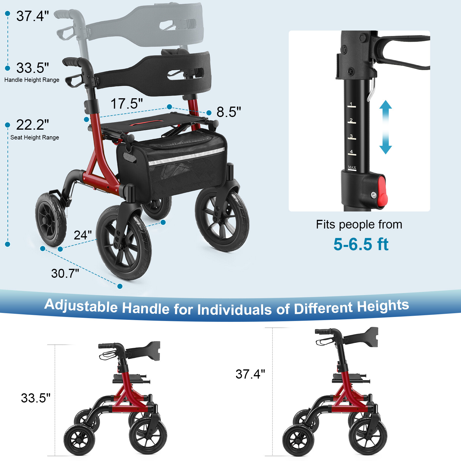 MAXWALK All-Terrain Rollator Walker for Seniors 12"Rubber Wheels Foldable Walker