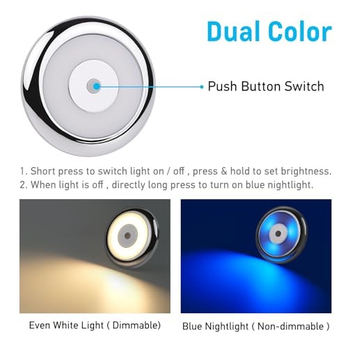 RV LED Puck Light Camper Van 3” Overhead Inbuilt Dimmer Switch Chrome 3000K