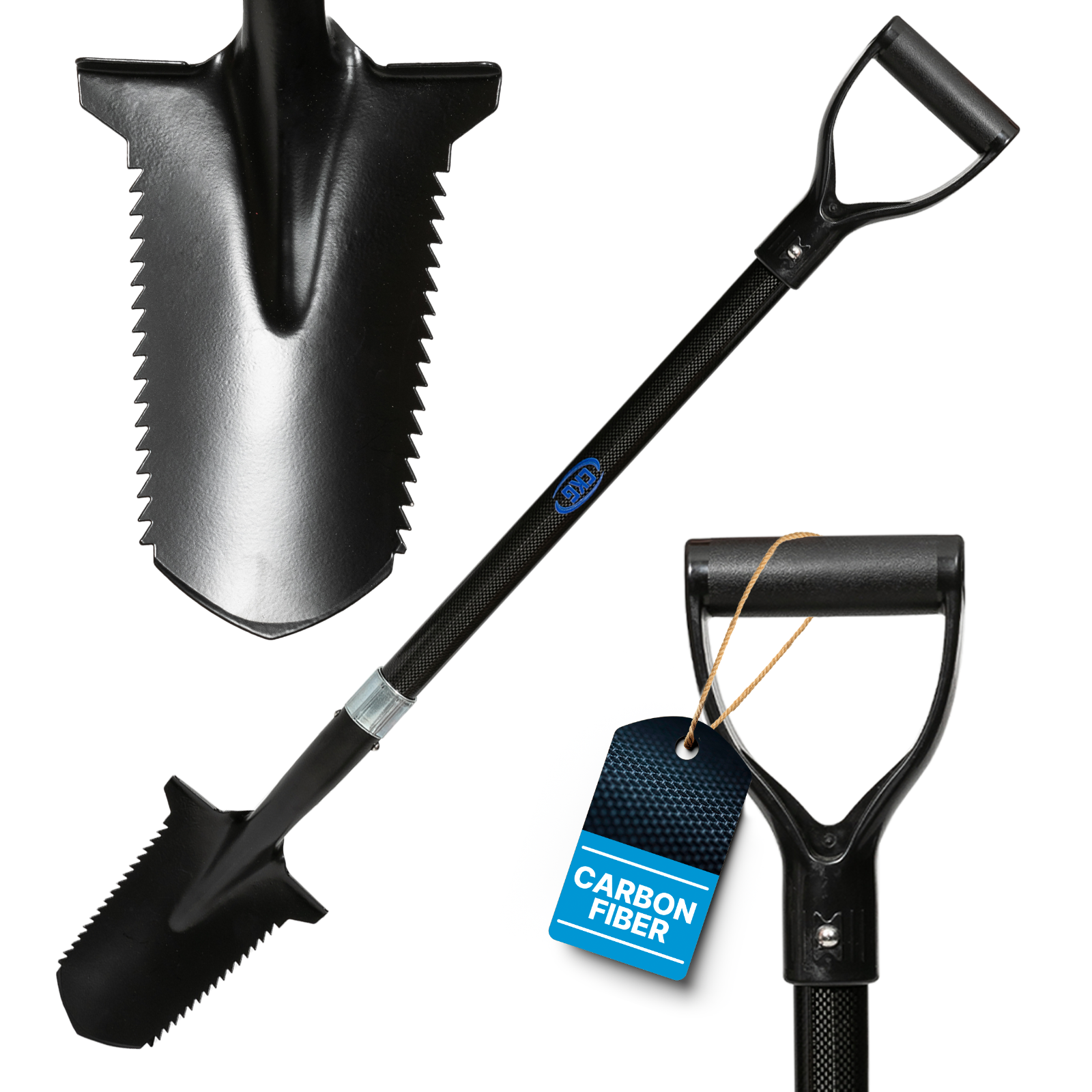 CKG Carbon Metal Detecting Shovel Digging Tool with Double Serrated Blade, Black