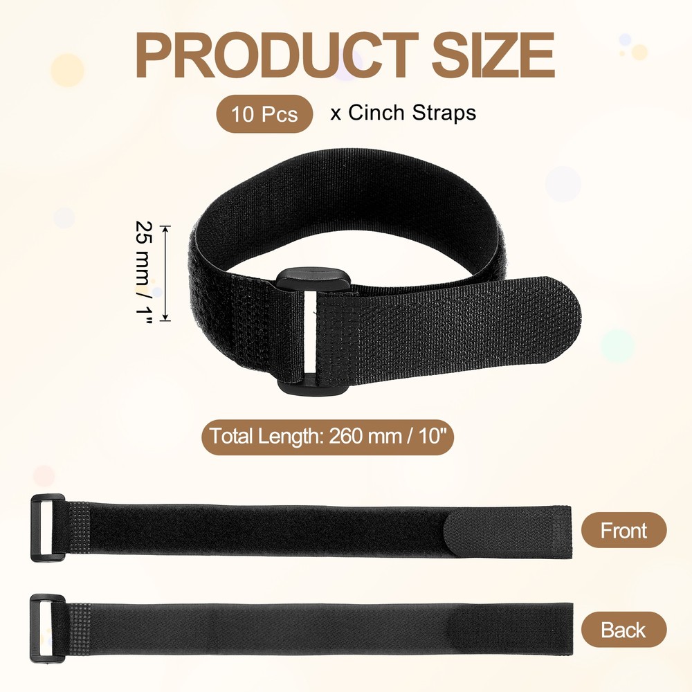 10pcs Reusable Cinch Straps 1"x10" Hook and Loop Cable Securing Straps, Black