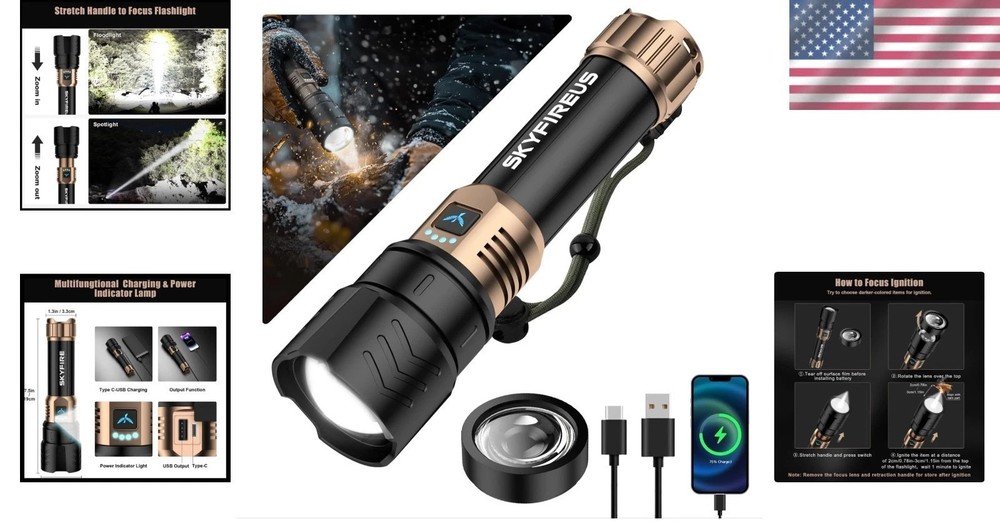 Waterproof Tactical LED Flashlight - 2000lm Brightness & Emergency Fire Starter