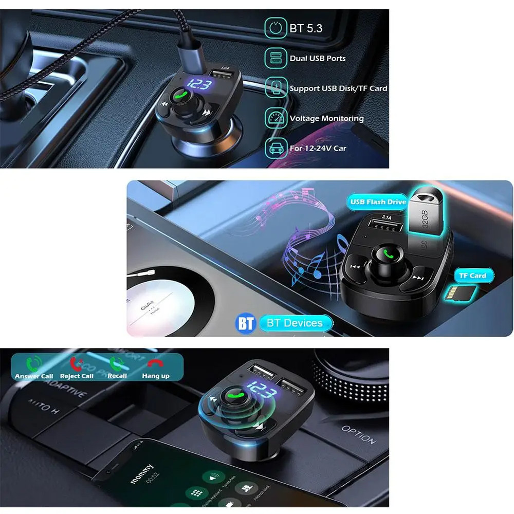 Bluetooth 5.0 Car Wireless FM Transmitter Adapter AUX Hands-Free 2USB PD Charger