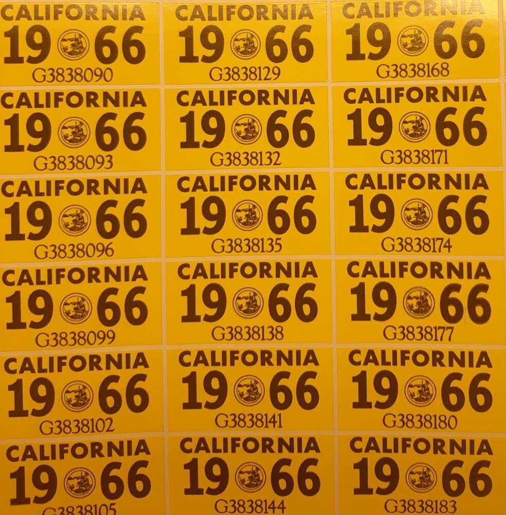 1966 California License Plate Registration Sticker, YOM, CA DMV $12.00 each