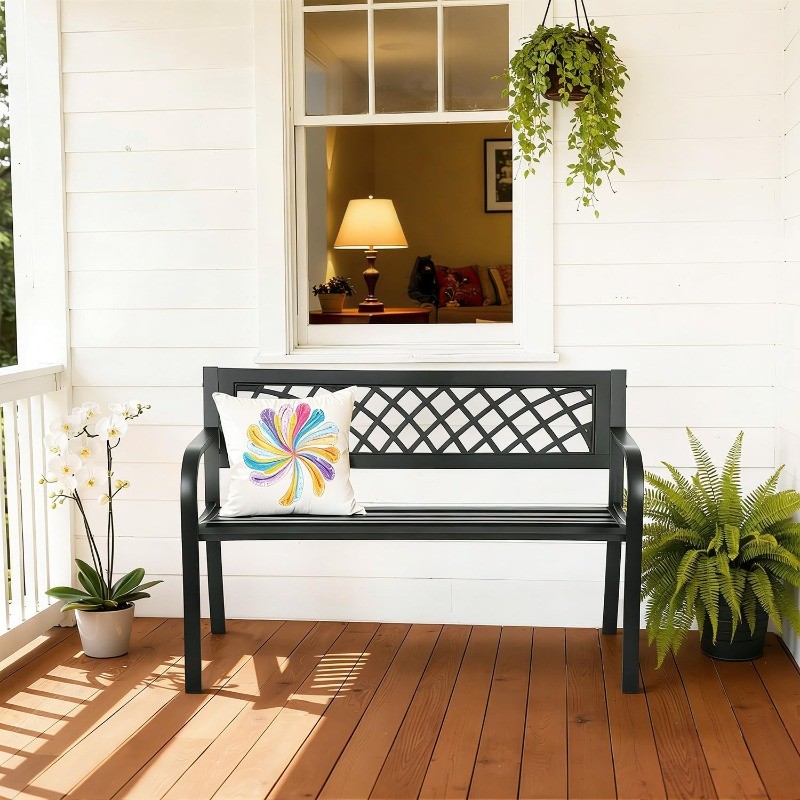 Garden Bench,Outdoor Benches,Iron Steel Frame Patio Bench