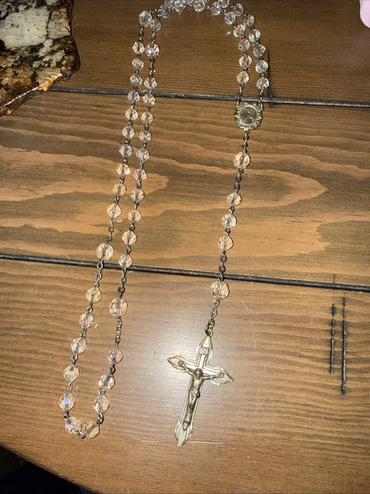 Vintage Rosary Sterling Silver  Crucifix/medal/Aurora Borealis crystal/glass
