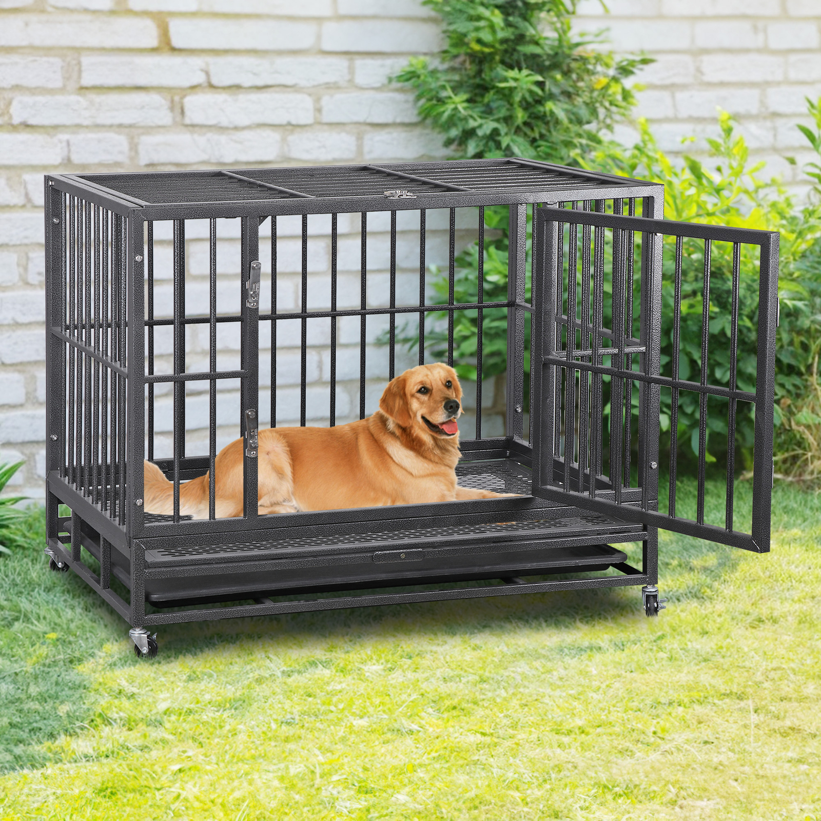 37 Inch Dog Crate Heavy Duty Metal Dog Kennel Indestructible Dog Crate Black