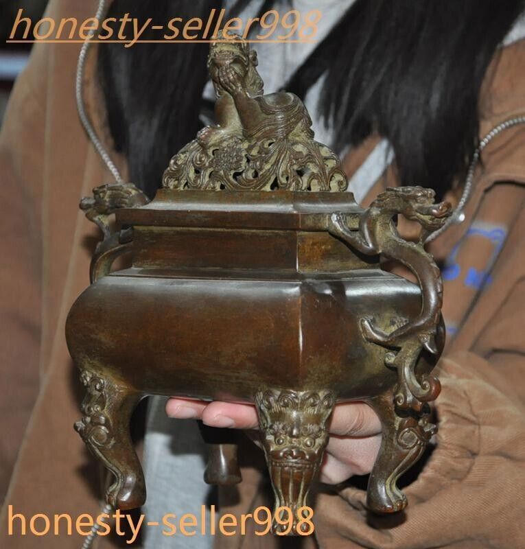 8.6" Ancient Chinese Pure bronze dragon loong beast statue Incense burner censer