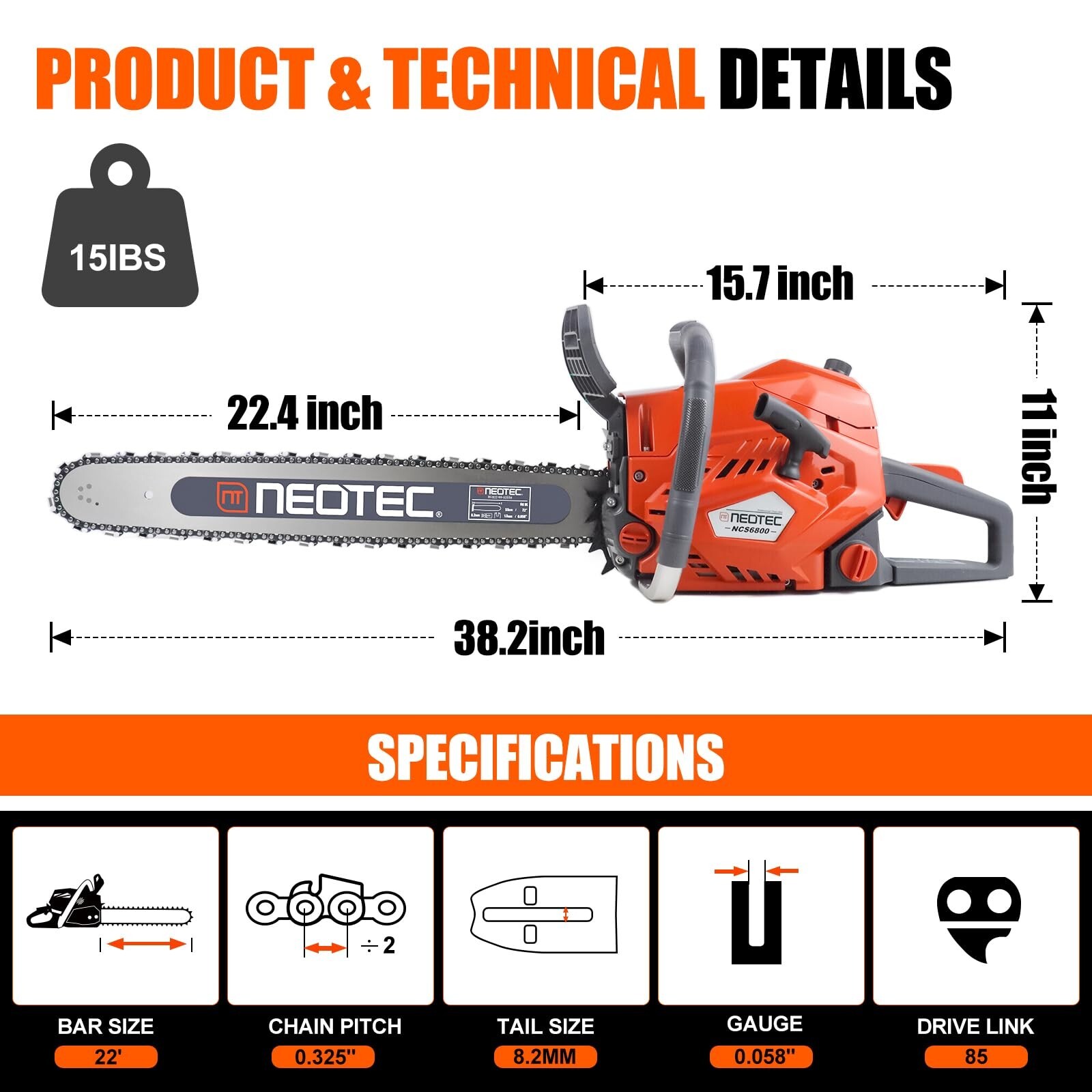 68CC 22'' 24'' Gasoline Chainsaw Powered Wood Cutting Engine Gas Chain Saw 2 Bar