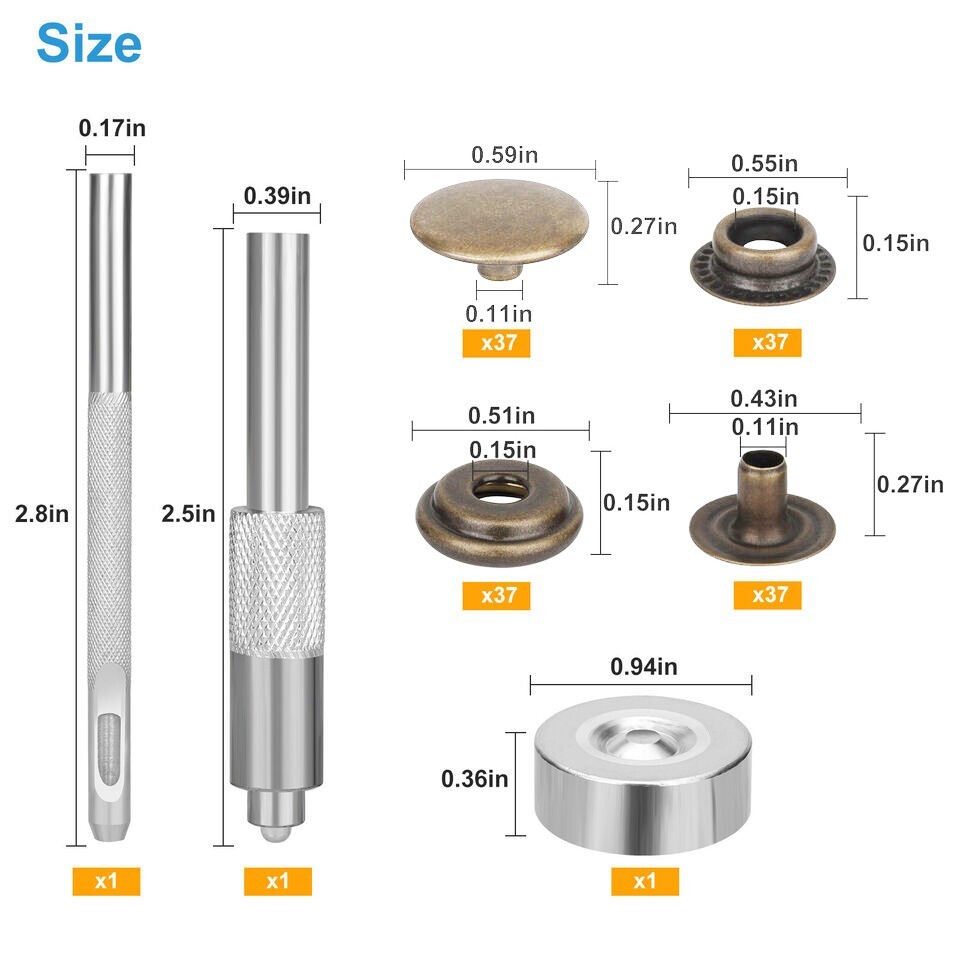 37 Set 15MM Fastener Snap Press Stud Cap Button Base Tool Kit for Leather Canvas