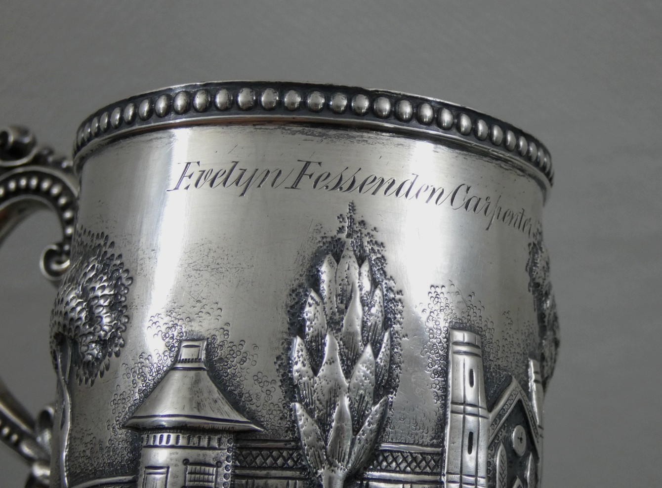 ANTIQUE AMERICAN COIN SILVER MUG CUP HAND CHASED REPOUSSE ARCHITECTURAL sterling