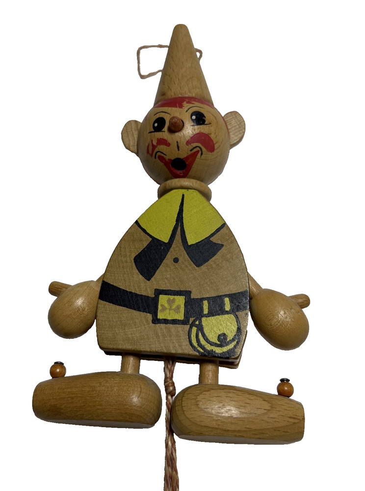 Vtg Austria  Wood Pull Toy String Ornament Jumping Jack  Elf Missing Tongue