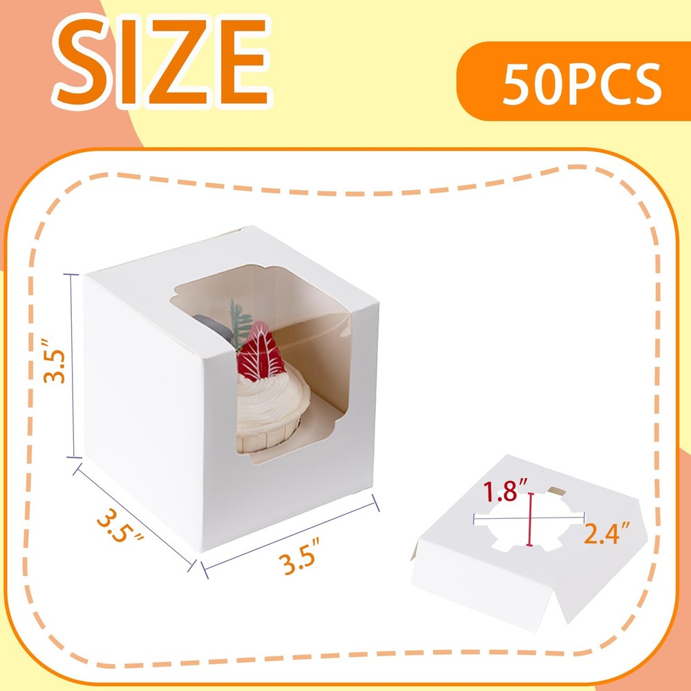 Cupcake Boxes With Window, 50 Pack, Deep Insert Holders, Stackable, White