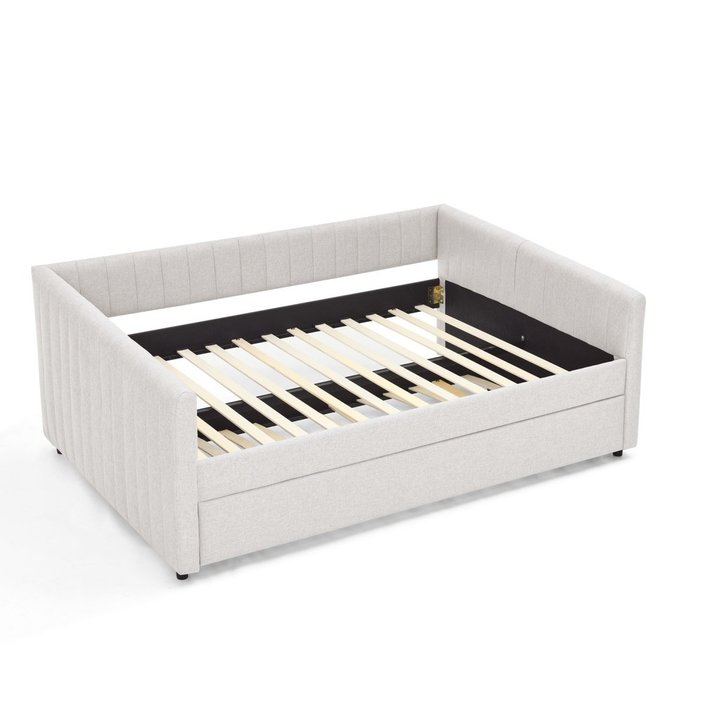 Full Daybed Modern Linen Upholstered Bed Frame Sofa Bed w/ Pull-Out Trundle