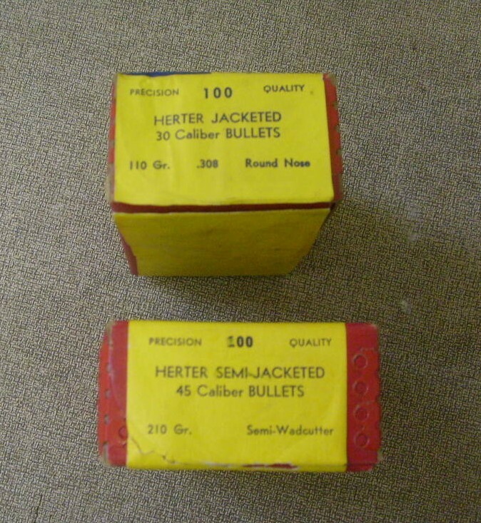 Empty Herter's ammo boxes 30 Caliber Jacketed and 45 Caliber Semi Jacketed