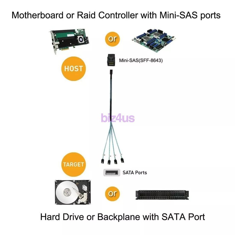 2PCS Mini SAS SFF-8643 to 4 SATA 7pin Hard Disk 6Gbps Data Server Raid Cable 1M
