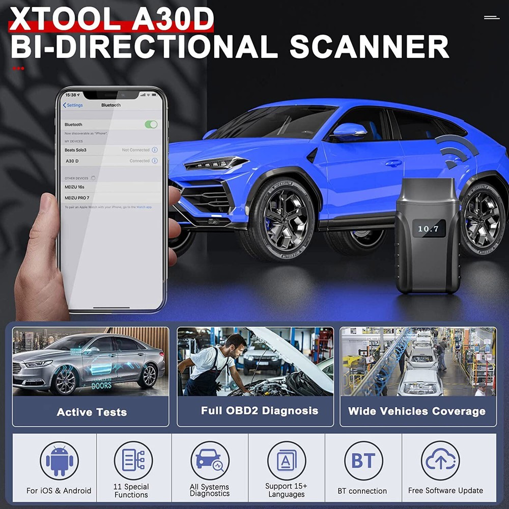 XTOOL A30D OBD2 Scanner All System Bidirectional Diagnostic Scan Tool 14+ Resets