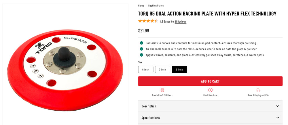 NEW TORQ 5" DA Polisher Backing Plate w/ Hook & Loop Pad - 1 Piece