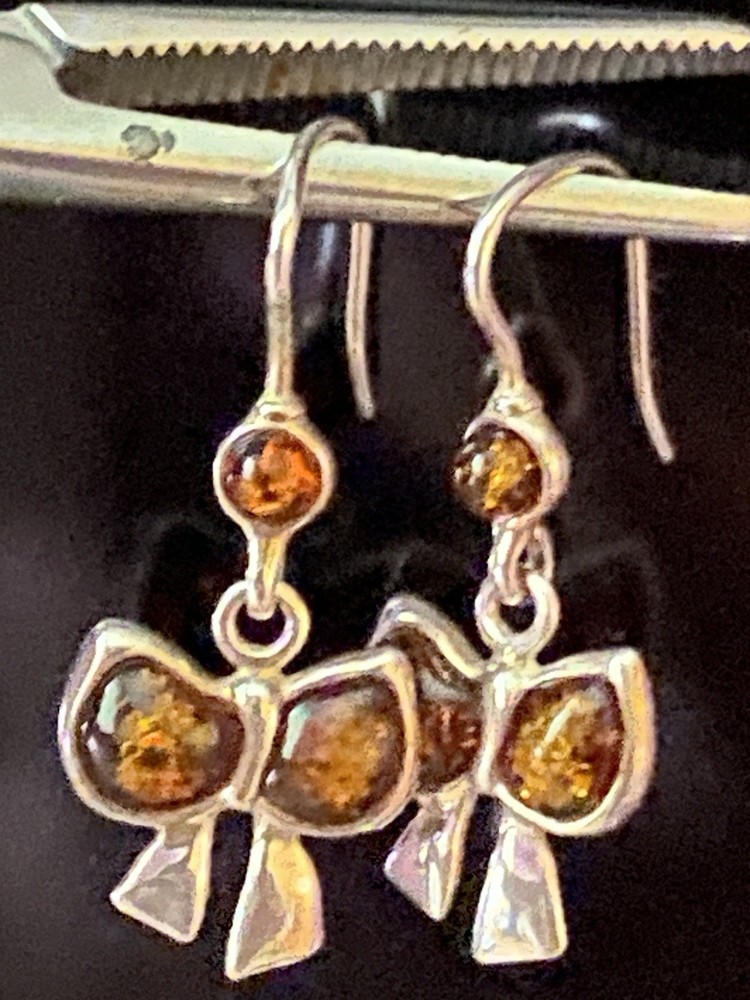 Серьги винтаж серебро, 925 проба, Камень Янтарь, Бантики