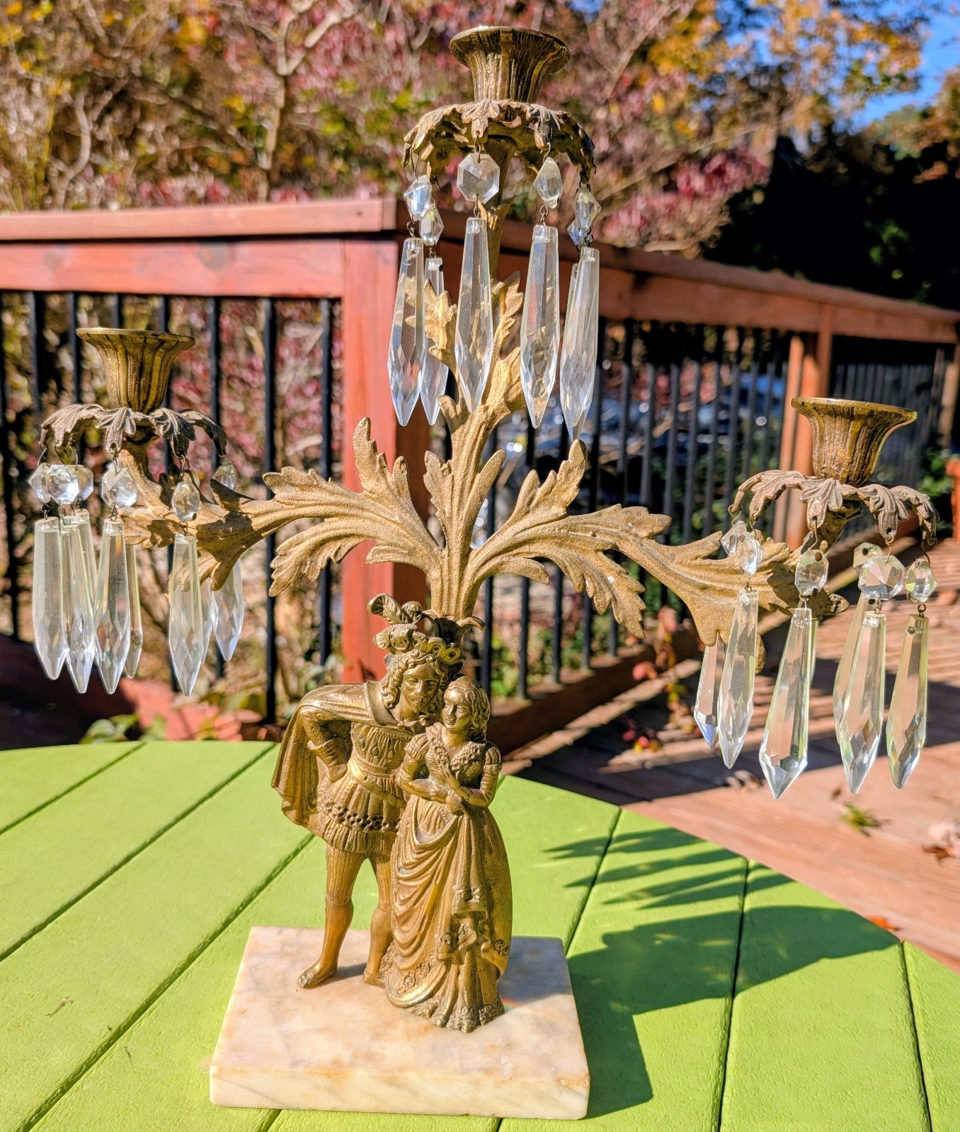 ANTIQUE VICTORIAN BRASS 3 ARM CANDELABRA WITH CRYSTALS & A MARBLE BASE