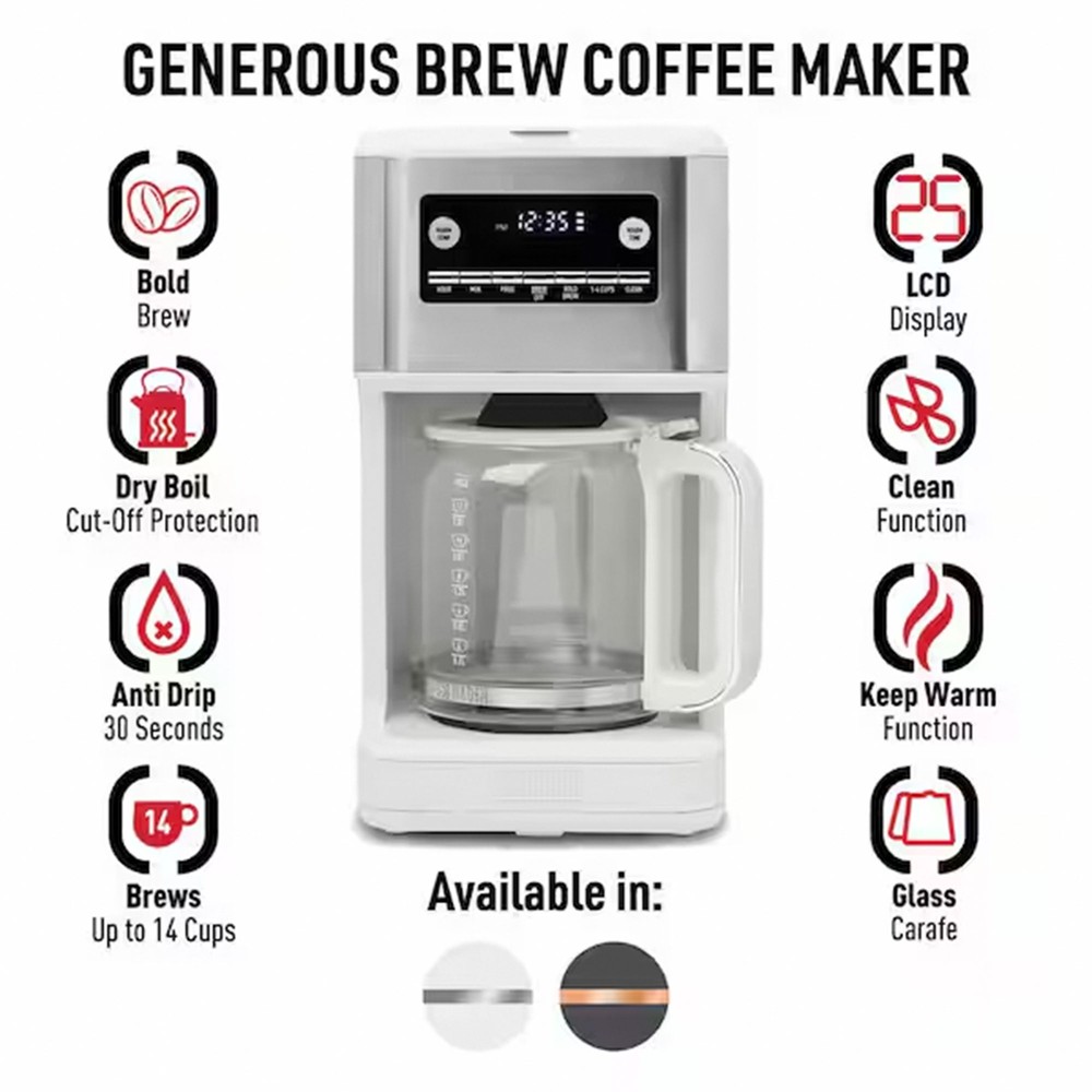 Haden Generous Brew 14 Cup Programmable Digital Coffee Maker Pot, Ivory/Chrome