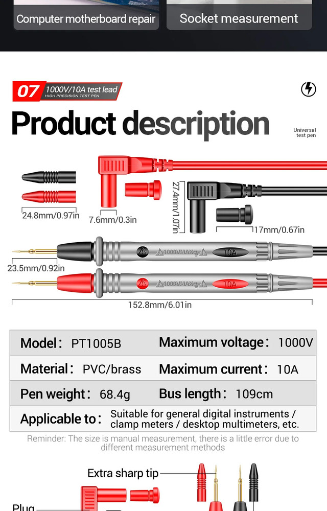 Universal 10A 1000v Digital Multimeter Test Leads Probe Pen Volt Meter Cable UK