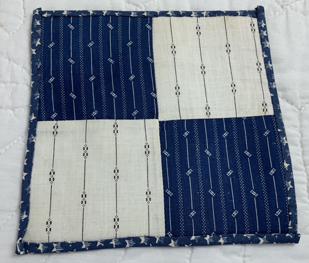Antique Patchwork Quilt Table Topper, Square, Four Patch, Early Calicos, Blue