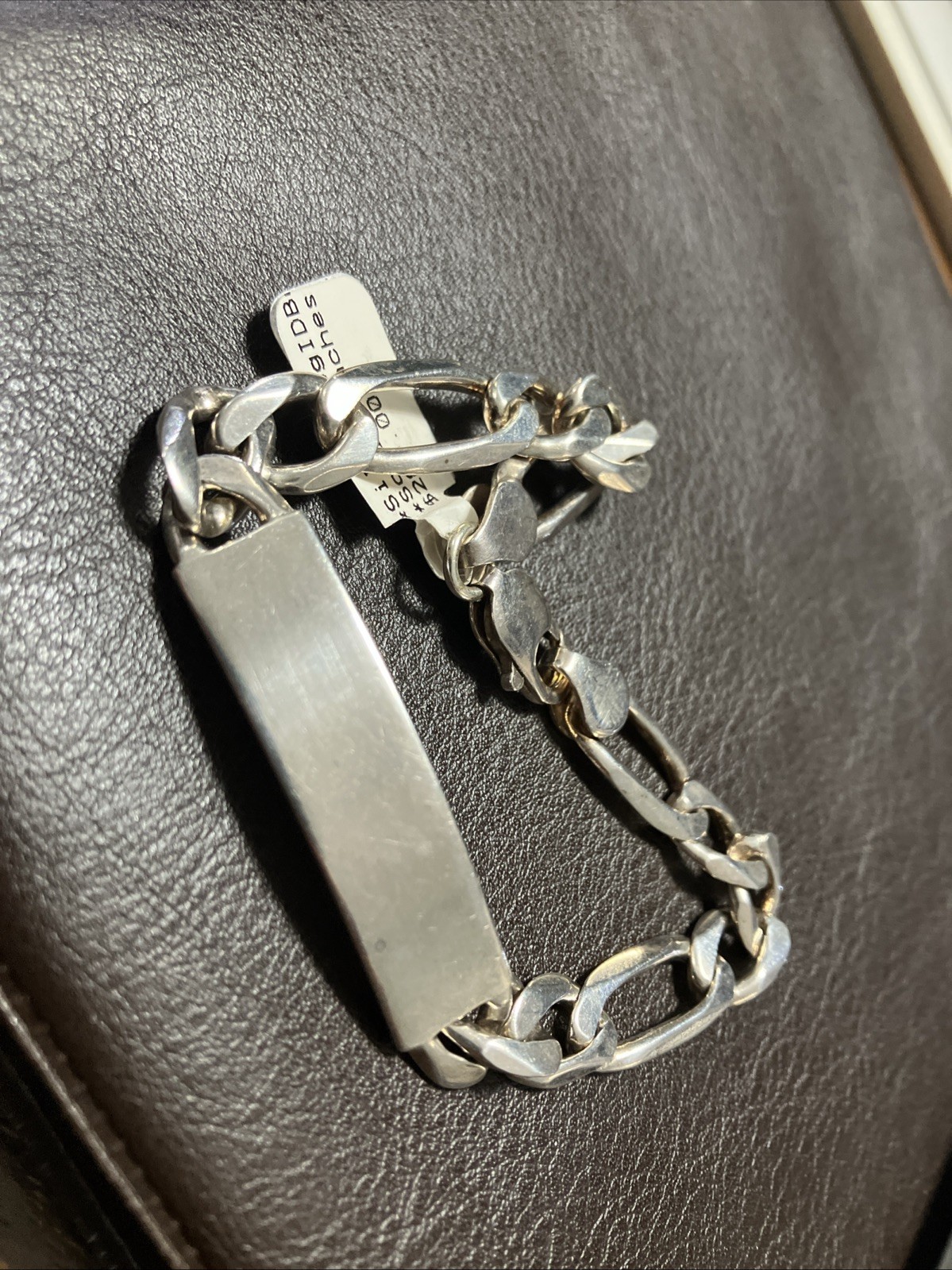 Sterling Silver 925 Figaro ID Men’s Bracelet 29 Grams 9 Inches Natural Patina