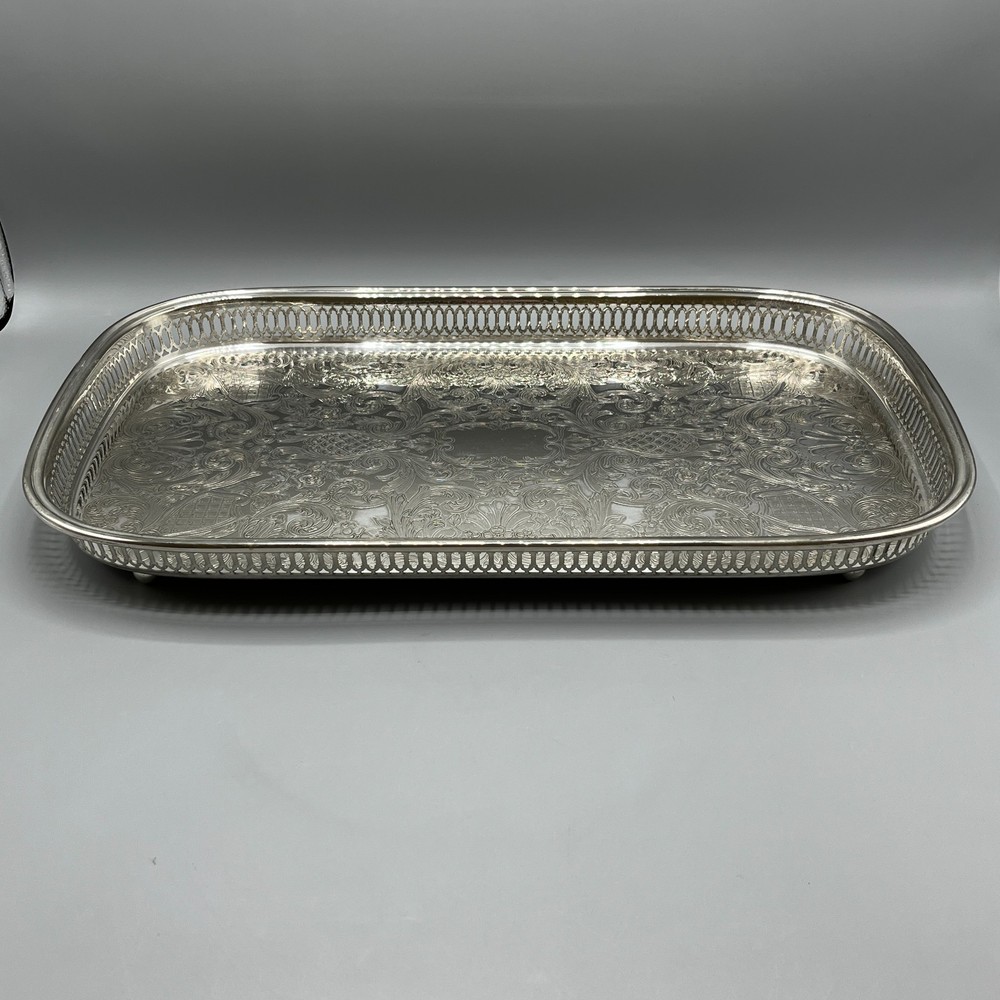 Large Vintage Silver Plated Rectangular Gallery Tray Footed Long Cocktail Drinks