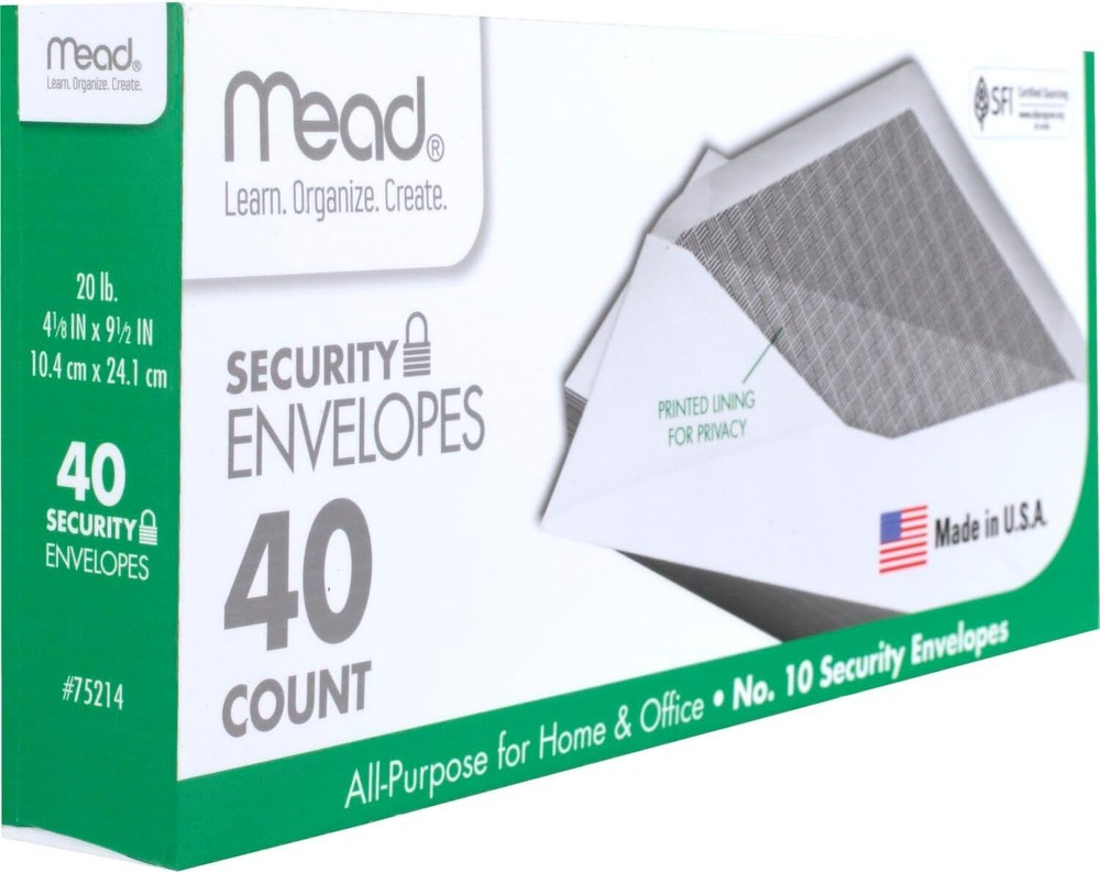 Mead #10 Envelopes, Security Printed Lining for Privacy, Gummed Closure, All-.