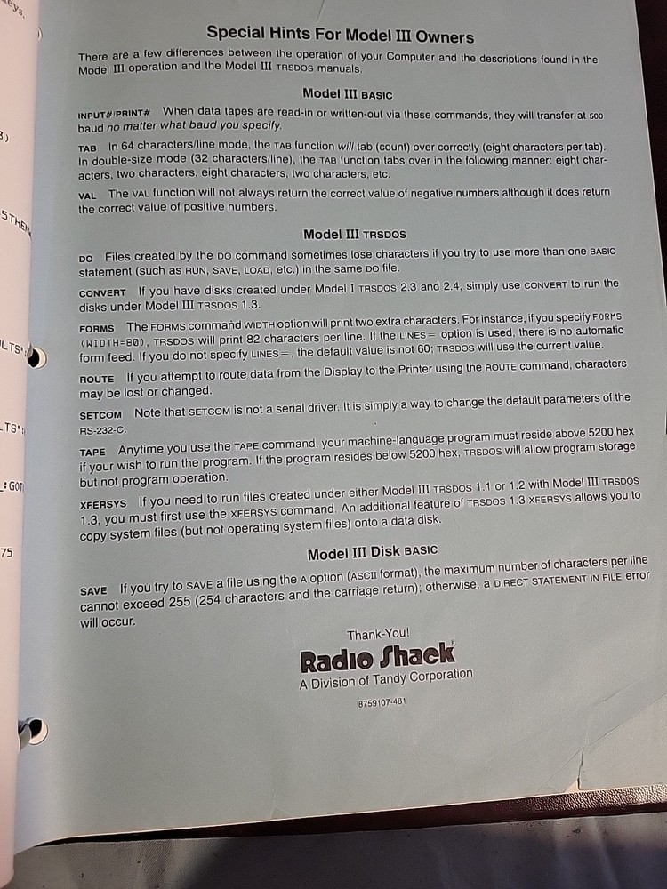 Radio Shack TRS-80 Model III 1st Computer Disk Operation System Owners Manual