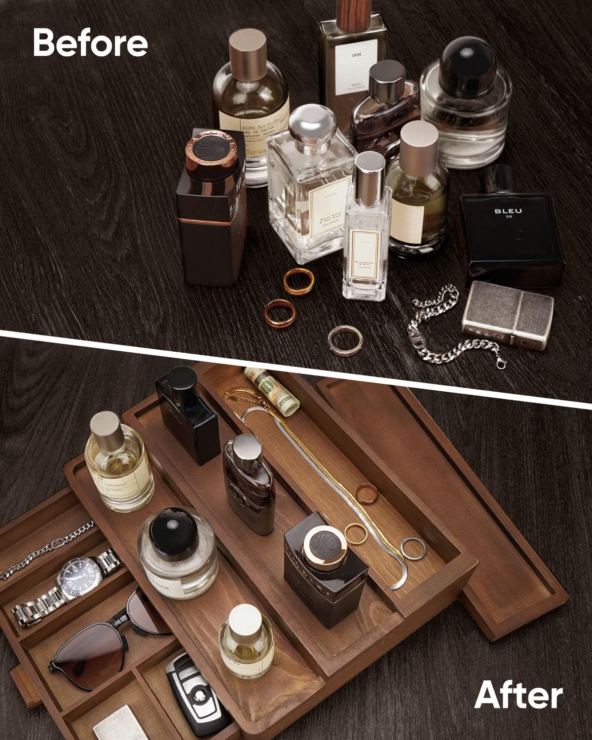 Cologne Organizer 3 Tier Wooden Stand W/ Drawer Storage Hidden Compartment Brown