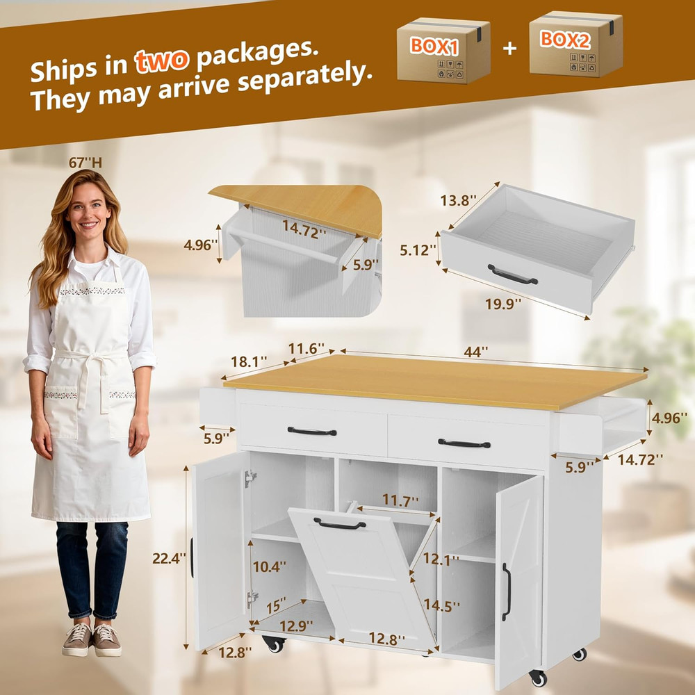 Rolling Kitchen Island Cart with Trash Can, Drop Leaf & Storage - White